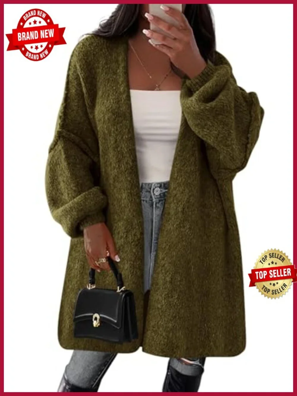 Oversized Long Cardigan Knit Polyester Blend Open Front V-Neck